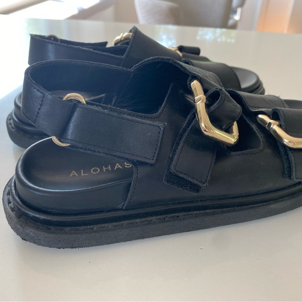 ALOHAS Black Leather Double-Buckle Sandals with Gold Hardware - Picture 2 of 4